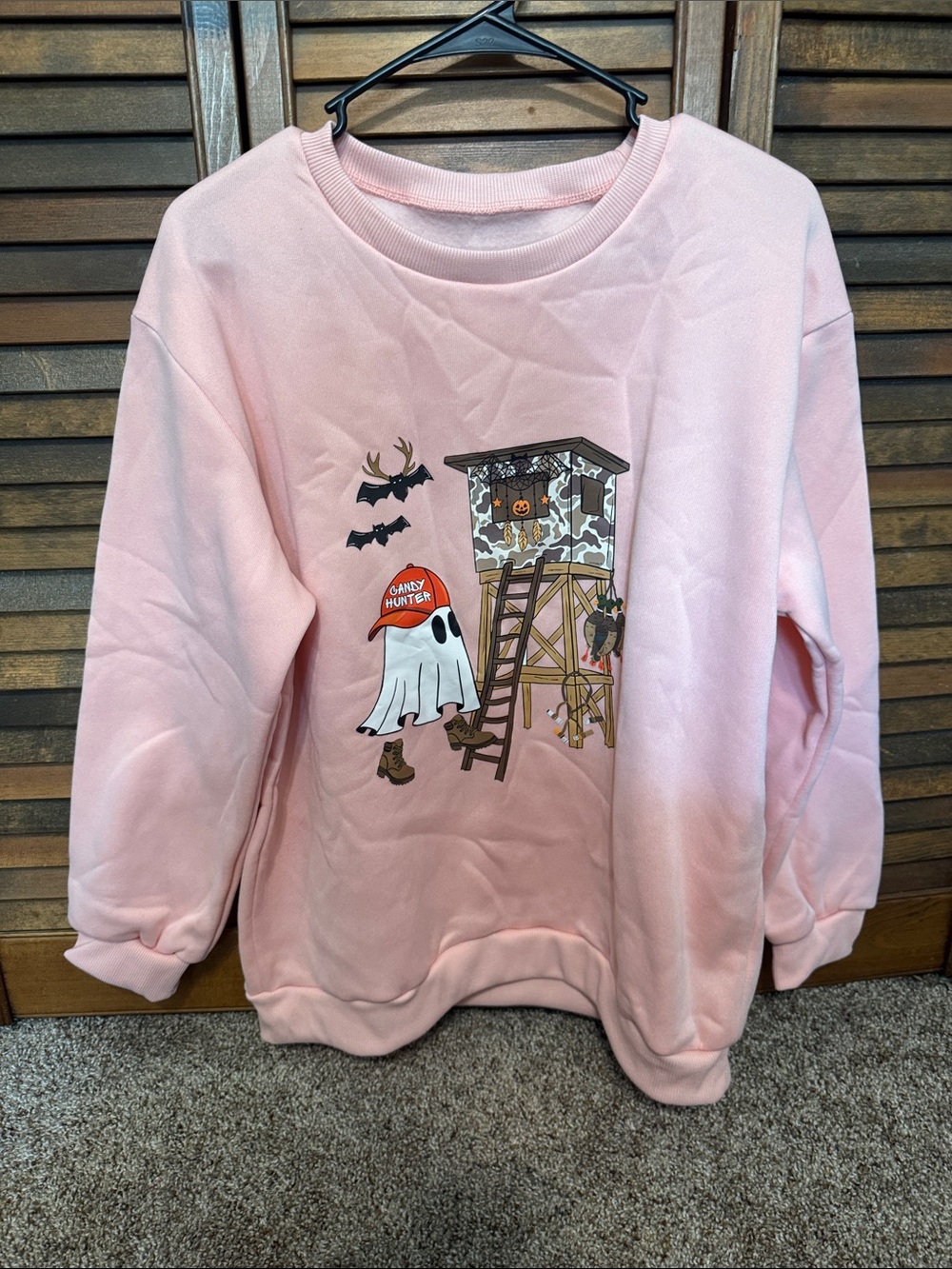 Women's Pink Crewneck Sweatshirt with Halloween Graphic
